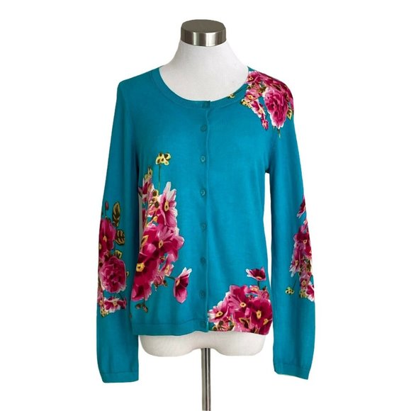 Talbots Sweaters - Talbots Medium Womens Blue Floral Cardigan Sweater